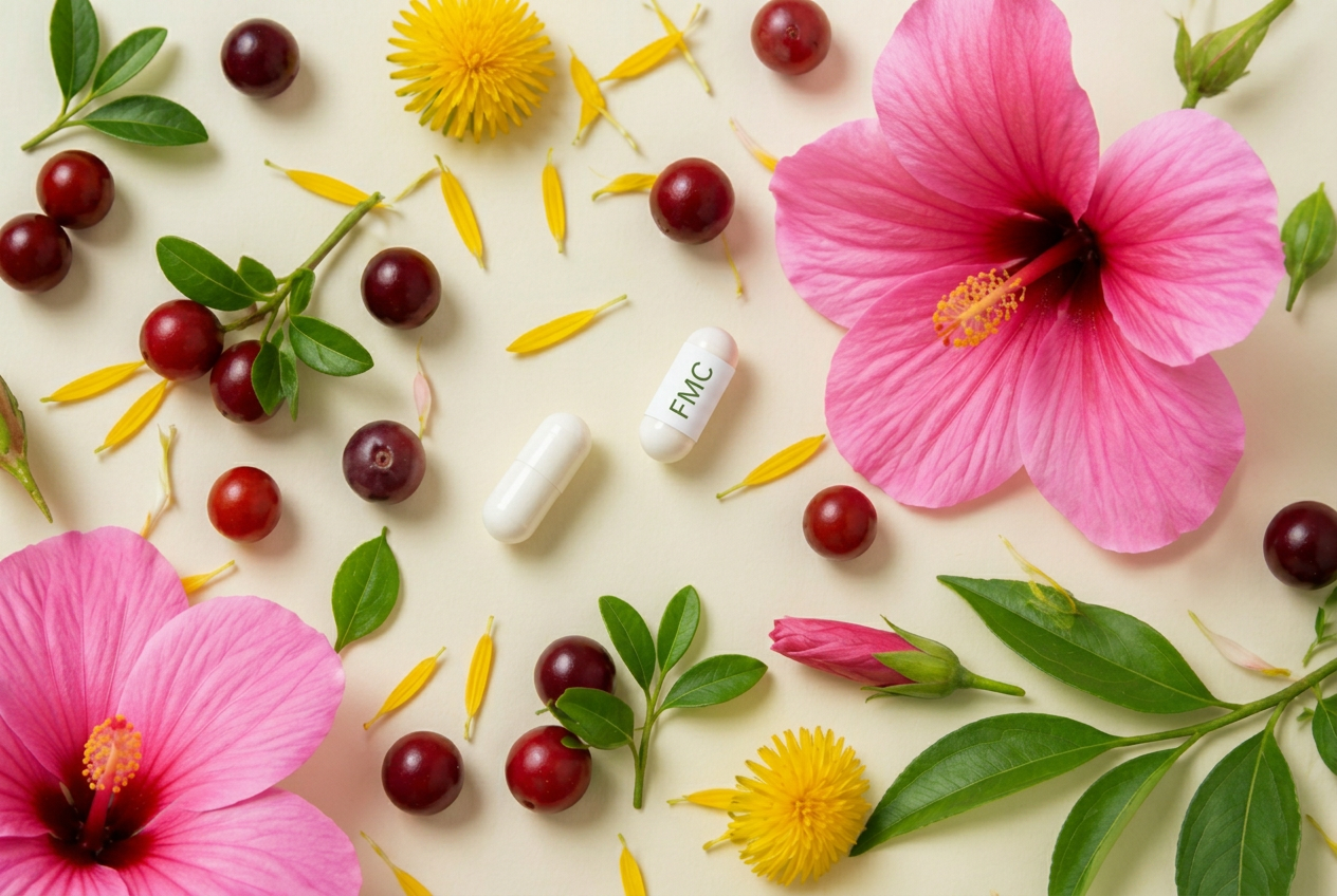 Botanical illustration of cranberries, hibiscus, dandelion and probiotic elements